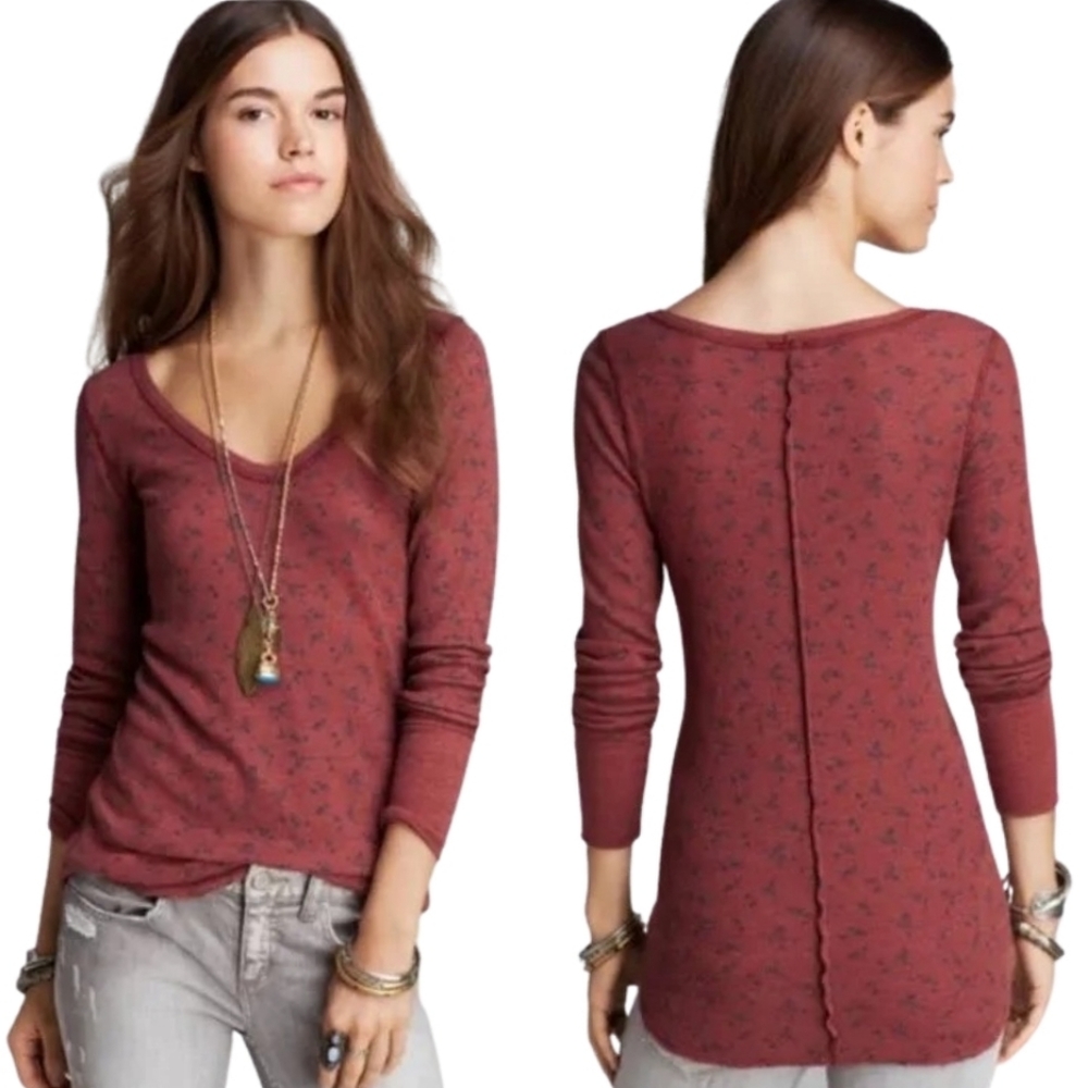 We The Free | Floral Waffle Knit Long Sleeve Earthy Thermal Layer Top | Medium